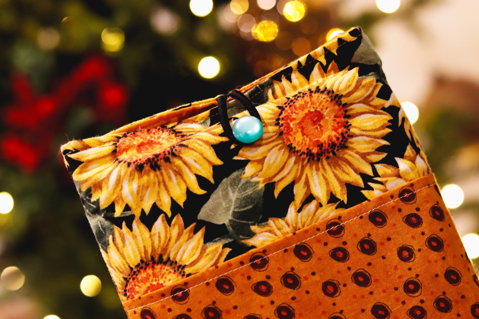Sunflower fabric book pouch with button closure